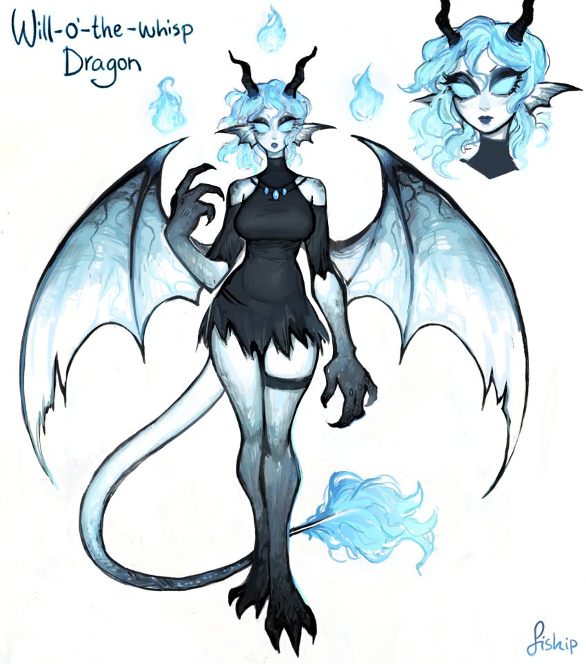 1girl absurdres animal_ears animal_feet animal_hands bare_shoulders black_dress blue_fire blue_hair blue_lips breasts claws clothing_cutout dragon_girl dragon_horns dragon_tail dragon_wings dress fewer_digits fins fire gradient_skin hand_up head_fins highres hitodama horns lipstick looking_at_viewer makeup matilda_fiship medium_breasts multiple_views original parted_lips short_dress shoulder_cutout simple_background spread_wings tail thigh_strap white_background wings