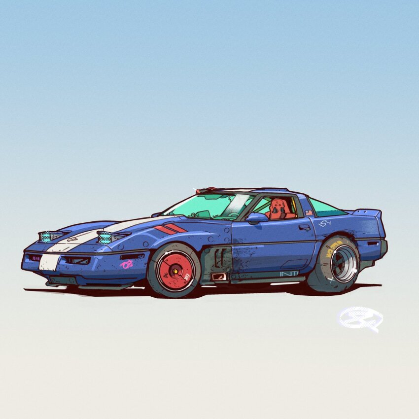 american_flag blue_car car chevrolet chevrolet_corvette chevrolet_corvette_c4 commentary commission english_commentary fernando_correa gradient_background highres motor_vehicle no_humans original pop-up_headlights shadow sports_car vehicle_focus