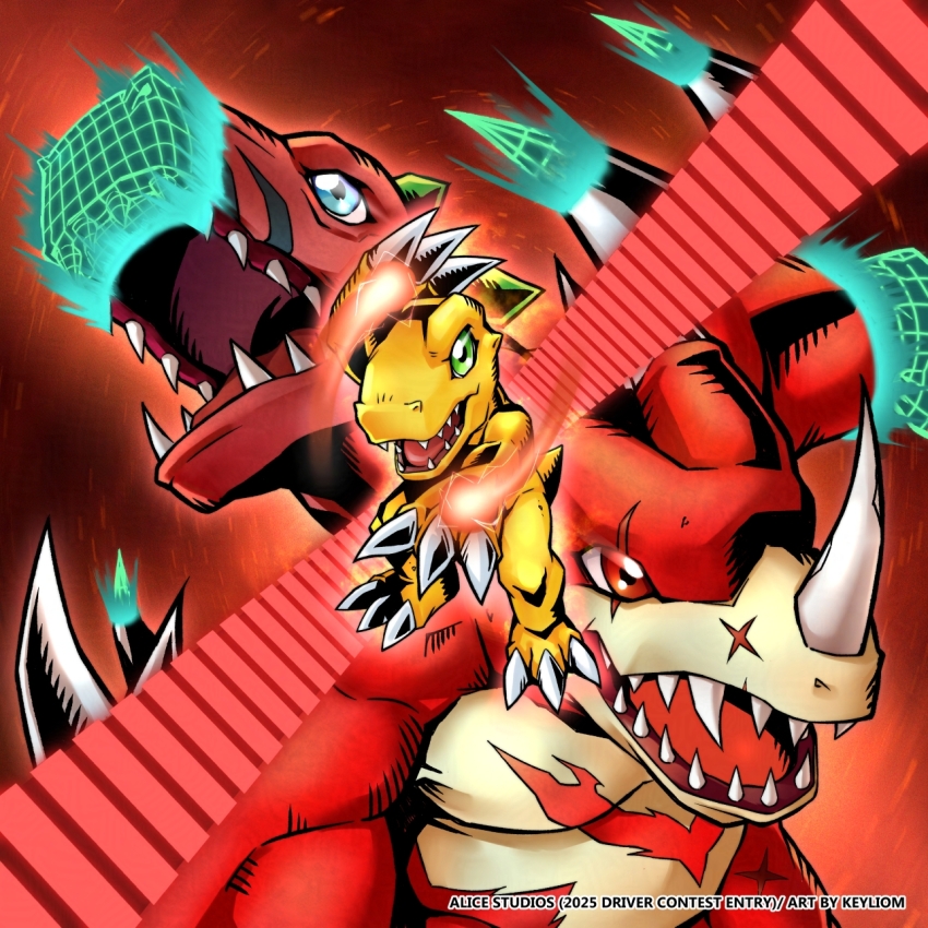 agumon digimon digimon_(creature) dinosaur dragon evolutionary_line green_eyes highres horns keyliom open_mouth red_background red_scarf red_theme redv-dramon scarf sharp_teeth teeth tyrannosaurus_rex tyranomon wireframe