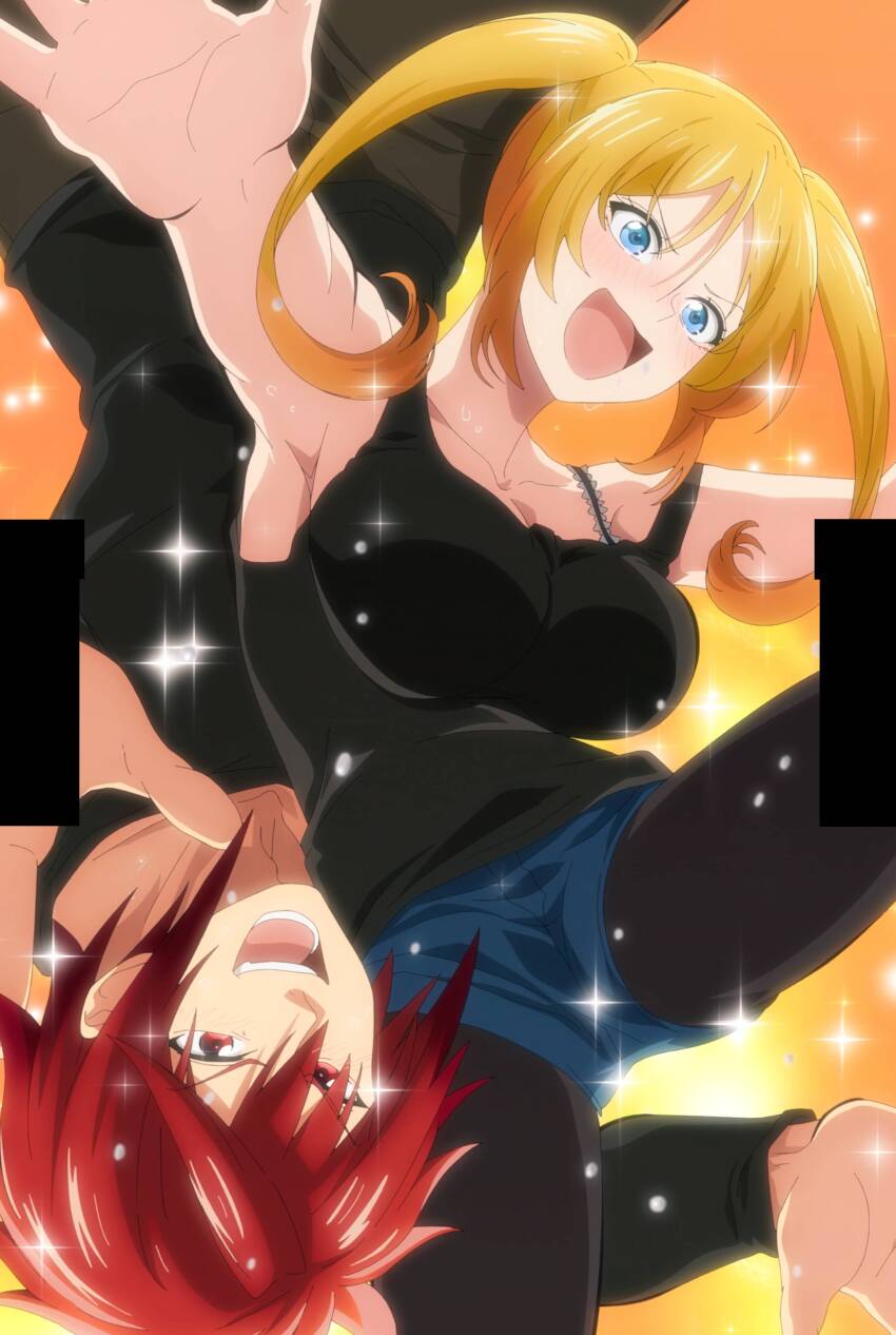 1boy 1girl absurdres akagami_akemitsu anime_screenshot armpits black_pantyhose black_shirt blonde_hair blue_eyes blue_shorts blush breasts cleavage collarbone highres large_breasts long_sleeves mia_christoph open_mouth pantyhose red_eyes red_hair shirt short_shorts short_twintails shorts sideboob stitched teeth temple_(series) thighs third-party_edit tongue twintails