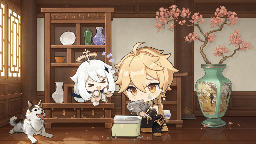 &gt;_&lt; 1boy 1girl aether_(genshin_impact) animal bad_source bonsai chibi chibi_only chinese_commentary commentary cup dirty dirty_face dog genshin_impact highres holding holding_cup indoors laughing male_focus official_art paimon_(genshin_impact) pottery raised_eyebrow reflective_floor squatting two-handed vase wooden_floor