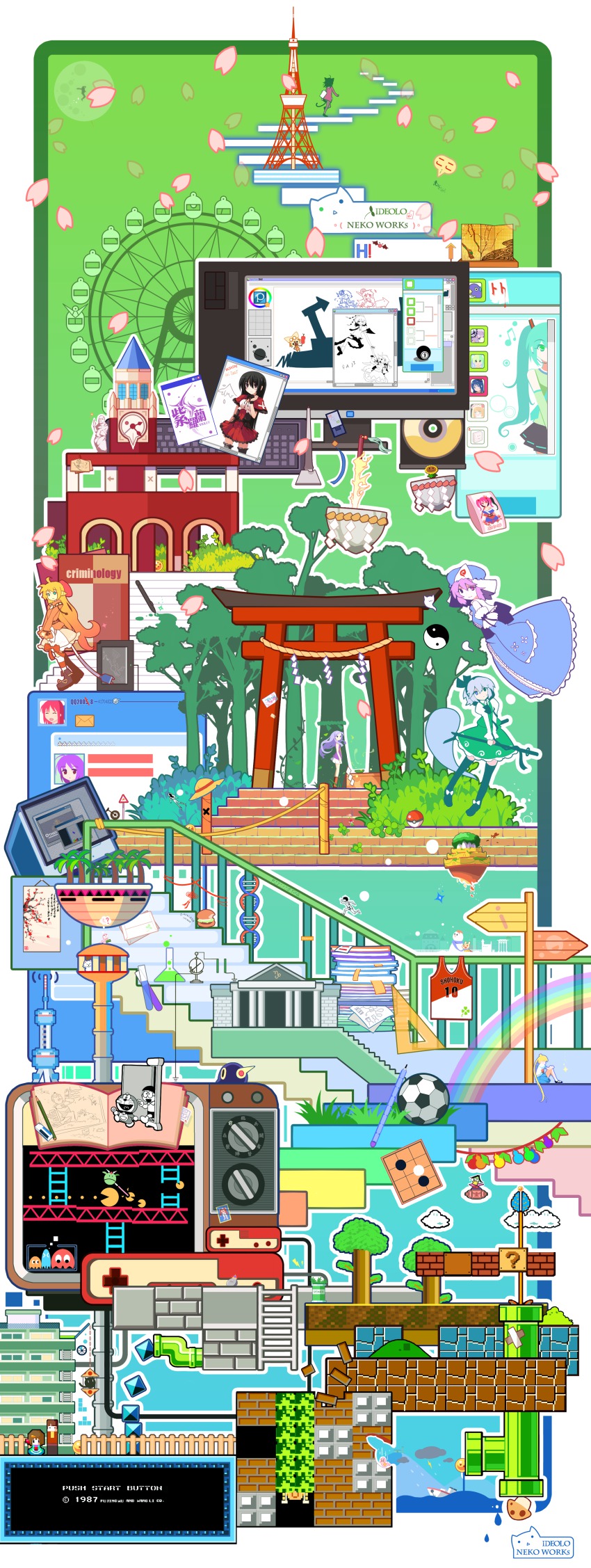 (9) 00s 2boys 6+girls :3 ?_block absurdres ahoge akiyama_mio animal_ears ball battle_city bishoujo_senshi_sailor_moon blinky_(pac-man) blue_sailor_collar board_game boat book burger capcom cat cat_ears cat_tail character_request cherry_blossoms cloud clover clyde_(pac-man) contra controller count_duckula crossover crown disgaea don&#039;t_say_&quot;lazy&quot; doraemon doraemon_(character) dragon_ball dragon_ball_(object) dragon_quest famicom famicom_gamepad felyne ferris_wheel food four-leaf_clover full_moon game_console game_controller gamepad ghost_in_the_shell glasses go_(board_game) goggles goggles_on_head gohei gundam haro hat hatsune_miku helmet highres holding ideolo inky_(pac-man) inubashiri_momiji jersey jumpman k-on! kami&#039;s_lookout kaname-ishi kannagi karin_(dragon_ball) kohaku_(tsukihime) konpaku_youmu konpaku_youmu_(ghost) ladder lance_of_longinus_(evangelion) laughing_man_(gits) lily_white long_hair long_image mafumofu_(armor) mario_(series) metal_king metal_king_slime michael_jackson military military_vehicle mini_hat mini_top_hat minish monochrome monster_hunter_(series) moon motor_vehicle multiple_boys multiple_crossover multiple_girls mushishi mushroom nagi neon_genesis_evangelion nintendo nobi_nobita one_piece onozuka_komachi ootori_rika optimus_prime orange_hair pac-man pac-man_(game) painttool_sai pen pencil perman perman_(series) perman_1 petals pinky_(pacman) pixel_art pixiv plants_vs_zombies poke_ball poke_ball_(basic) pokemon popeye_(video_game) prinny rainbow real_life reversi saigyouji_yuyuko sailor_collar sailor_moon saint_seiya sayori_(neko_works) scarf scythe shameimaru_aya sign silhouette sky slam_dunk_(series) slime_(dragon_quest) snowman soccer_ball spinach straw_hat sunflower_(plants_vs_zombies) super_mario_bros._1 super_mushroom sword_of_hisou tail tall_image tank telstar tencent_qq tenkuu_no_shiro_laputa test_tube tetris the_legend_of_zelda tokyo_tower top_hat touhou transformers tree tsukihime tsukino_usagi ultra_series ultraman unicycle vehicle vial vocaloid warp_pipe watercraft worms_(game) yin_yang zaku