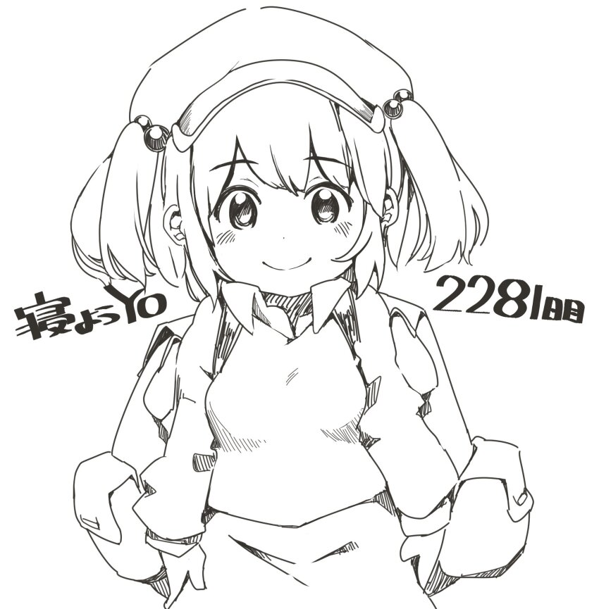 1girl backpack bag blush breasts cactas7 closed_mouth flat_cap hair_bobbles hair_ornament hat highres kawashiro_nitori looking_at_viewer medium_breasts monochrome simple_background smile touhou upper_body wing_collar
