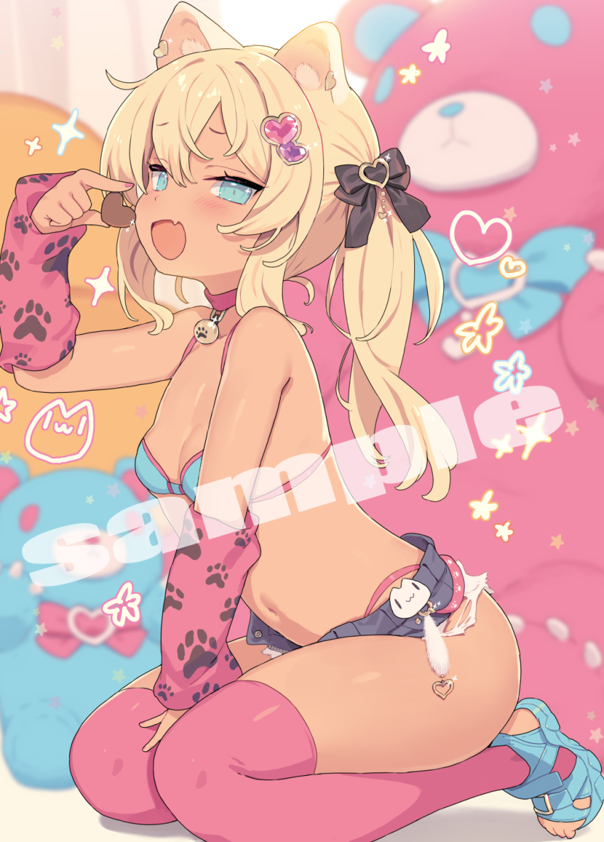 1girl :d animal_ears bare_shoulders bell between_legs bikini bikini_under_clothes black_bow blade_(galaxist) blonde_hair blue_eyes blue_shoes blue_shorts blurry blurry_background blush bow breasts cat_ears cat_girl chocolate choker cleavage denim denim_shorts detached_sleeves fang food hair_bow hair_ornament half-closed_eyes hand_between_legs hand_up heart heart_hair_ornament highres holding holding_food indoors long_hair looking_at_viewer looking_to_the_side navel neck_bell open_mouth original paw_print pink_choker pink_sleeves pink_thighhighs raised_eyebrows sample_watermark shoes short_shorts shorts sidelocks sitting skin_fang small_breasts smile smug solo sparkle straight_hair stuffed_animal stuffed_toy swimsuit thighhighs valentine watermark