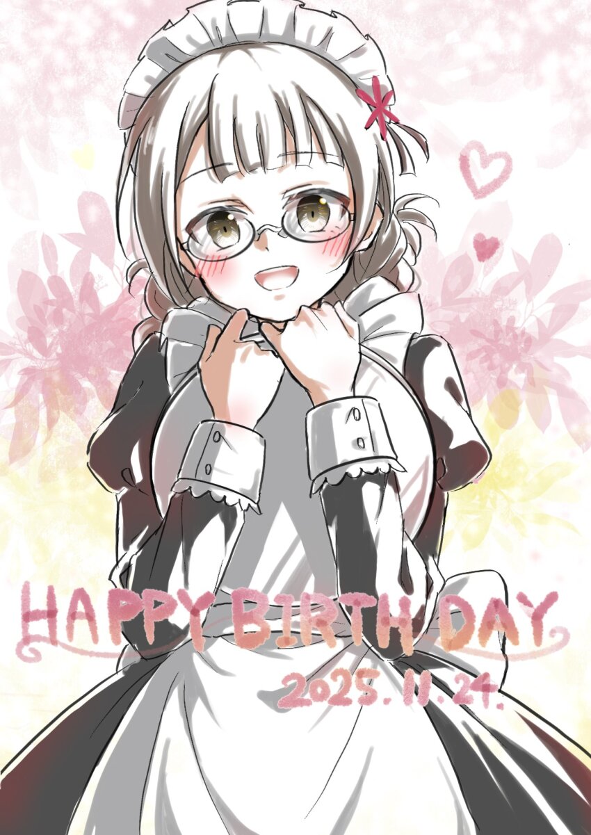 1girl alternate_costume apron birthday black_dress blunt_bangs blush braid braided_hair_rings brown_eyes commentary_request dated dress eda_udon enmaided flower frilled_apron frills glasses grey_hair hair_flower hair_ornament hair_rings hanamoto_yoshika happy_birthday heart highres holding holding_tray juliet_sleeves long_hair long_sleeves looking_at_viewer maid maid_apron maid_headdress nogi_wakaba_wa_yuusha_de_aru open_mouth puffy_sleeves smile solo teeth tray twin_braids upper_teeth_only white_apron yellow_eyes yuusha_de_aru