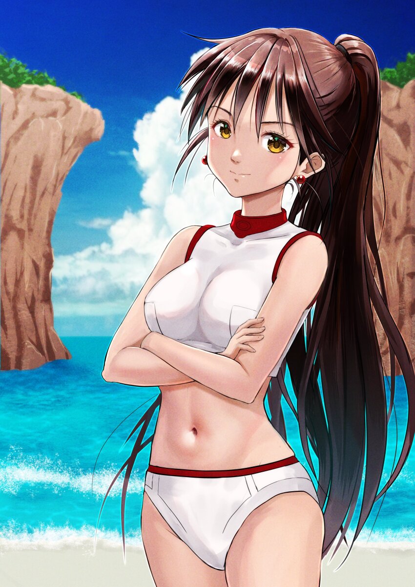 1girl absurdres akira_ferrari aria_(manga) beach bikini blue_sky blush breasts brown_eyes brown_hair closed_mouth cloud cloudy_sky covered_collarbone cowboy_shot crossed_arms day earrings hair_between_eyes highres impossible_clothes impossible_swimsuit jewelry long_hair looking_at_viewer medium_breasts navel ocean official_alternate_costume outdoors ponytail shadow sky smile solo stomach swimsuit telaform very_long_hair