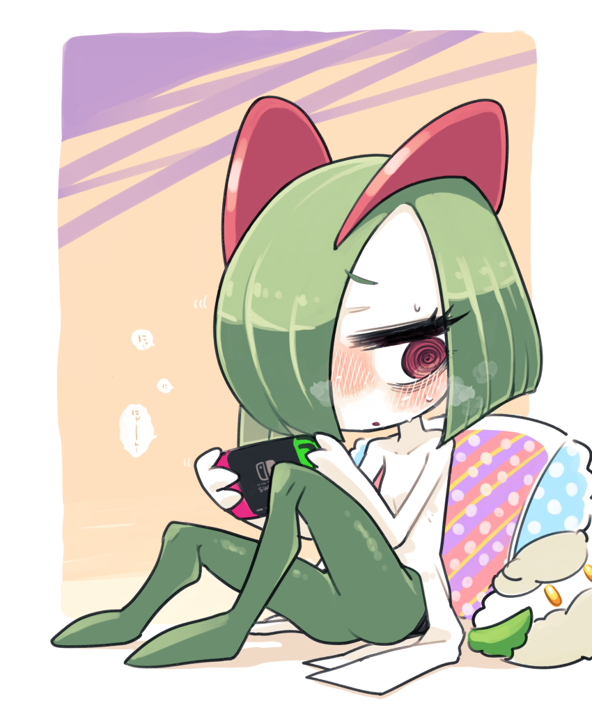 @_@ blush cottonee gen_3_pokemon gen_5_pokemon green_hair hair_over_one_eye handheld_game_console highres holding holding_handheld_game_console horns ino_(tellu0120) kirlia nintendo nintendo_switch parted_lips pillow pink_eyes playing_games pokemon pokemon_(creature) sidelocks simple_background sitting sweat
