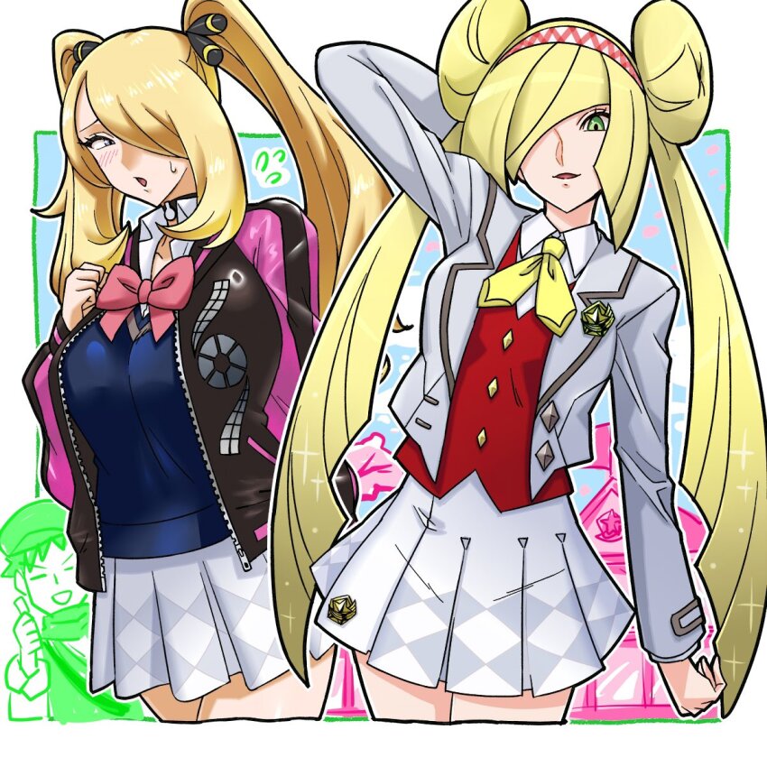 1boy 2girls alternate_hairstyle black_jacket blonde_hair blue_sweater blush breasts brock_(pokemon) cosplay cowboy_shot creatures_(company) cynthia_(pokemon) double_bun game_freak green_eyes grey_eyes hair_bun hair_over_one_eye highres jacket kenchi large_breasts long_hair lusamine_(pokemon) marnie_(academy)_(pokemon) multiple_girls nintendo pink_jacket pleated_skirt pokemon pokemon_dppt pokemon_masters_ex pokemon_sm red_vest rei_(academy)_(pokemon) rei_(pokemon) rei_(pokemon)_(cosplay) rosa_(academy)_(pokemon) rosa_(pokemon) rosa_(pokemon)_(cosplay) school_uniform skirt sweater thumbs_up twintails very_long_hair vest white_jacket white_skirt