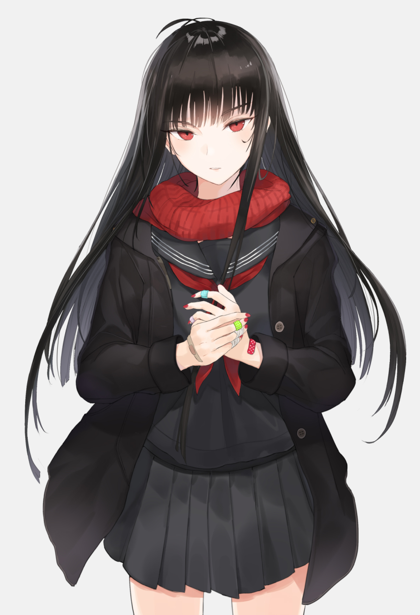 1girl bandaid black_hair female_focus highres jacket kachi long_hair looking_at_viewer nail_polish original parted_lips pleated_skirt red_eyes red_nails scarf school_uniform serafuku simple_background skirt solo white_background