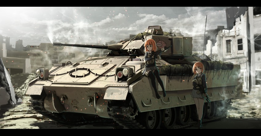 10s anglerfish armored_personnel_carrier armored_vehicle assault_rifle autocannon body_armor cannon chain_gun cloud emblem eyebrows fish girls_und_panzer grenade_launcher gun highres infantry_fighting_vehicle laser_sight letterboxed load_bearing_vest m242_bushmaster m2_bradley m4_carbine military motor_vehicle nishizumi_miho oota_youjo rifle scope skirt takebe_saori thighhighs underbarrel_grenade_launcher weapon