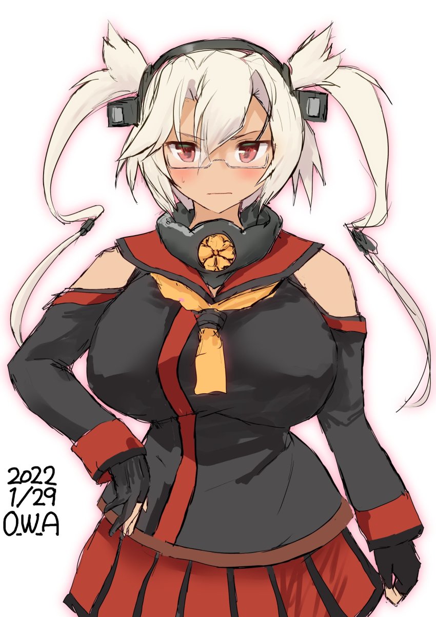 1girl adapted_costume black_gloves black_skirt breasts cosplay cowboy_shot dark-skinned_female dark_skin detached_sleeves gloves highres kantai_collection kikumon large_breasts long_hair looking_at_viewer musashi_(kancolle) one-hour_drawing_challenge owa_(ishtail) partially_fingerless_gloves pleated_skirt red_eyes red_shirt shirt silver_hair simple_background skirt sleeveless sleeveless_shirt solo twintails white_background yamato_(kancolle) yamato_(kancolle)_(cosplay)
