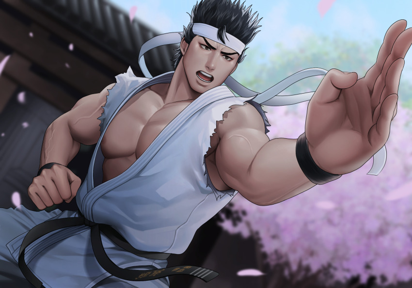 1boy bajiquan_(martial_arts) bara bare_pectorals bitaro black_hair brown_eyes cherry_blossoms clenched_hand collarbone dougi falling_petals fighting_stance headband highres male_focus muscular muscular_male nipple_slip nipples open_mouth outstretched_arm pectoral_cleavage pectorals petals shrine sleeveless solo spiked_hair sweatband torn_clothes torn_sleeves v-shaped_eyebrows veins veiny_arms virtua_fighter yuki_akira