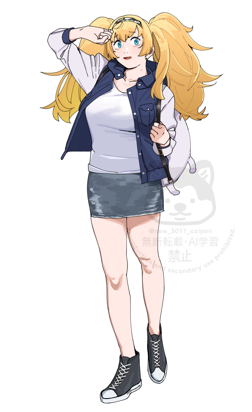 1girl absurdres bag black_shoes blonde_hair blue_eyes blue_vest breasts enemy_lifebuoy_(kancolle) full_body gambier_bay_(kancolle) gambier_bay_(saury_festival)_(kancolle) hairband highres kantai_collection long_hair ojipon open_mouth shirt shoes simple_background skirt sneakers solo standing sweat twintails vest watermark white_background white_shirt