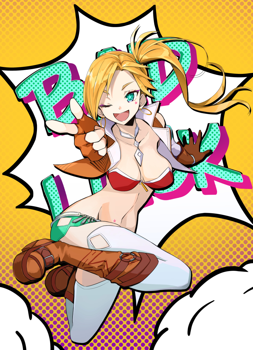 1girl absurdres aqua_eyes bikini bikini_top_only blonde_hair breasts brown_footwear brown_vest calamity_jane_(fate) calamity_jane_(first_ascension)_(fate) earrings facial_mark fate/grand_order fate_(series) fingerless_gloves gloves high_collar highres jewelry looking_at_viewer midriff one_eye_closed open_mouth shorts side_ponytail smile solo star_(symbol) swimsuit tattoo text_background thighhighs vest white_thighhighs yuniyuni