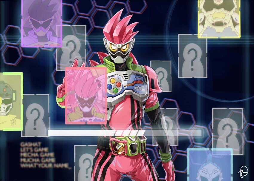 1boy ? armor bakusou_bike_level_1 bang_bang_shooting_level_2 black_sleeves bodysuit character_select controller gamer_driver gloves health_bar highres jiuri_jiuhao kamen_rider kamen_rider_brave kamen_rider_ex-aid kamen_rider_ex-aid_(series) kamen_rider_genm kamen_rider_snipe male_focus mighty_action_x_level_2 pink_gloves pink_hair signature solo spiked_hair standing taddle_quest_level_2 video_game