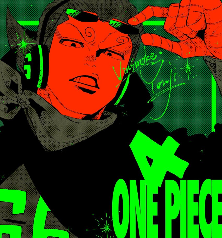 1boy black_eyes character_name commentary_request curly_eyebrows english_text eyewear_on_head green_hair green_neckerchief headphones highres larugo0513 long_sleeves looking_at_viewer male_focus neckerchief one_piece short_hair solo sunglasses teeth vinsmoke_yonji