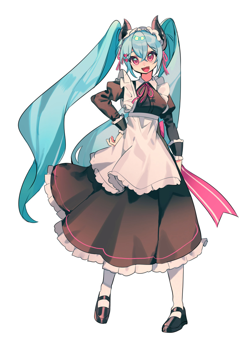 1girl :d absurdres apron arm_at_side artist_request back_bow black_dress black_horns black_shoes borrowed_character bow breasts collar commission crossed_bangs dot_nose double-parted_bangs dress fang frilled_apron frilled_straps frills full_body hair_between_eyes hair_ornament hair_ribbon hairpin hand_on_own_hip happy heart heart_hair_ornament highres horns juliet_sleeves long_hair long_sleeves maid maid_headdress mary_janes medium_breasts morello_(morellostorment) neck_ribbon open_mouth original pigeon-toed pink_eyes pink_ribbon pink_trim puffy_sleeves ribbon second-party_source shoes simple_background sketch skin_fang smile solo tachi-e twintails underbust very_long_hair waist_apron wavy_hair white_apron white_background white_collar wind wing_collar