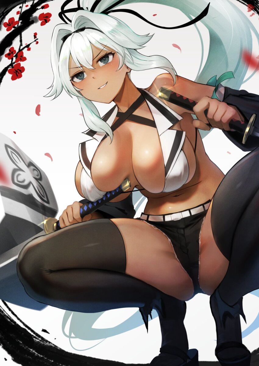 1girl azur_lane bare_shoulders bikini bikini_top_only black_eyes black_footwear black_hairband black_ribbon black_shorts black_sleeves black_thighhighs breasts dark-skinned_female dark_skin detached_sleeves evil_smile hair_intakes hair_ribbon hairband high_ponytail highres holding holding_sword holding_weapon kai_(esugi) katana large_breasts long_hair navel parted_lips ponytail ribbon senran_kagura senran_kagura_new_link short_shorts shorts smile solo spread_legs squatting stomach swimsuit sword thighhighs very_long_hair weapon white_bikini white_hair yuuyaki_(senran_kagura)