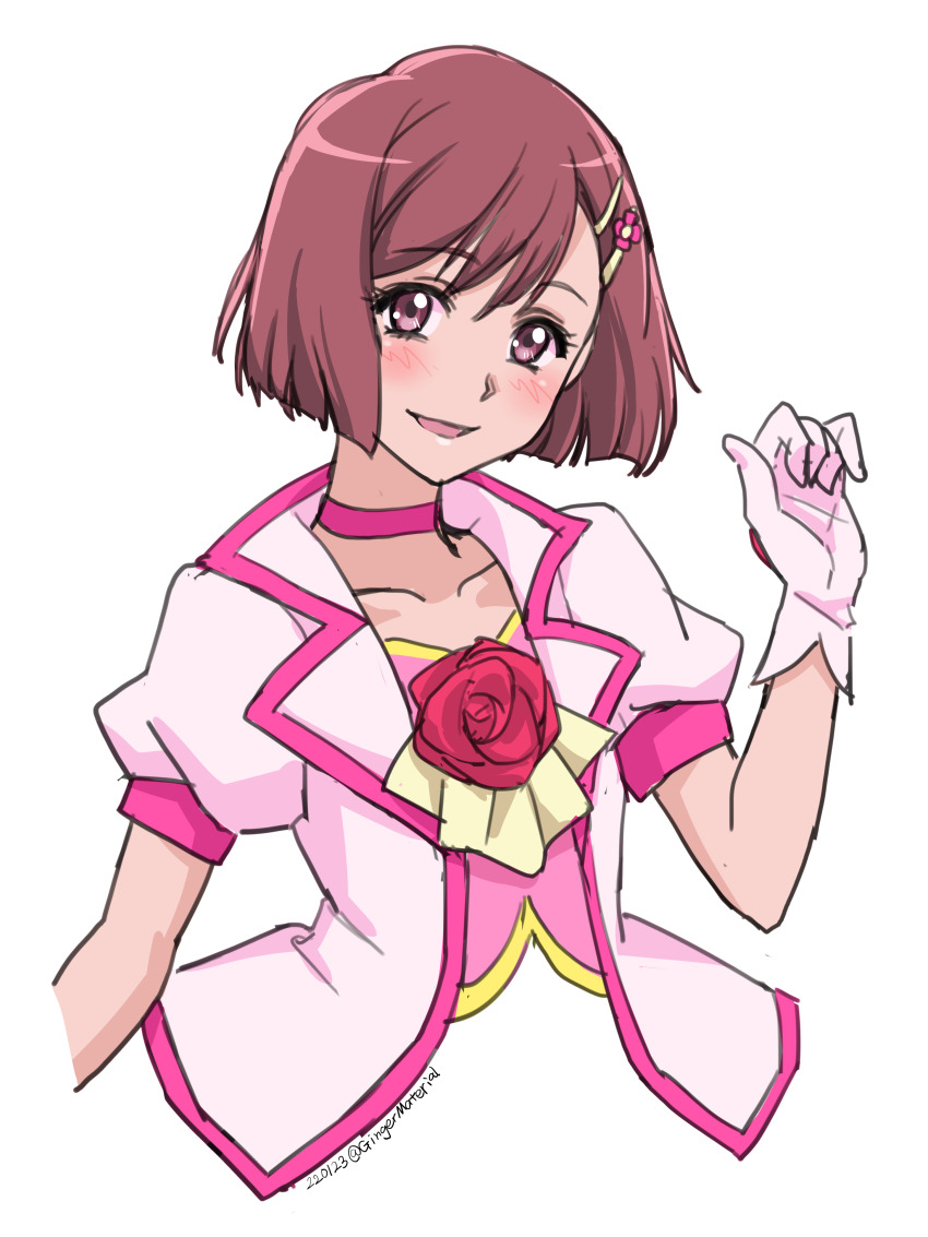 1girl absurdres ascot asymmetrical_bangs blush bob_cut brown_eyes brown_hair choker collarbone commentary_request cosplay cropped_arms cropped_torso cure_grace cure_grace_(cosplay) dated dress flower flower_symbol gloves hair_flower hair_ornament hairclip hanadera_nodoka hand_up healin&#039;_good_precure highres jacket looking_at_viewer magical_girl open_mouth pink_choker pink_dress pink_gloves pink_jacket precure puffy_short_sleeves puffy_sleeves rose short_hair short_sleeves sketch smile solo sozan twitter_username upper_body yellow_ascot