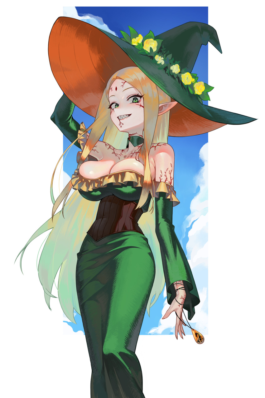1girl absurdres black_corset blonde_hair blue_sky body_markings border breasts choker cleavage cloud cloudy_sky commentary corset dress elf facial_mark feet_out_of_frame flower forehead_mark frilled_dress frills gemi_ningen green_choker green_dress green_eyes green_hat hat hat_flower highres large_breasts long_hair looking_at_viewer off-shoulder_dress off_shoulder original outside_border pathfinder pointy_ears sharp_teeth sky smile solo standing teeth white_border witch witch_hat yellow_flower
