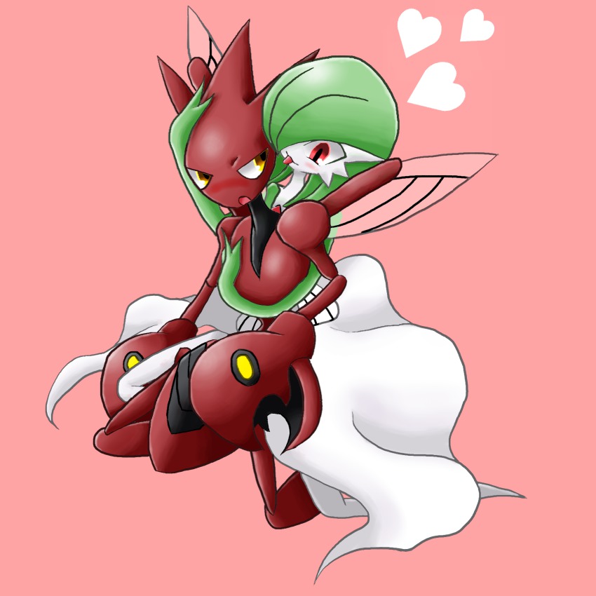 absurdres gardevoir gen_2_pokemon gen_3_pokemon heart highres nintendo no_feet pink_background pokemon pokemon_(creature) red_eyes scizor simple_background yellow_eyes