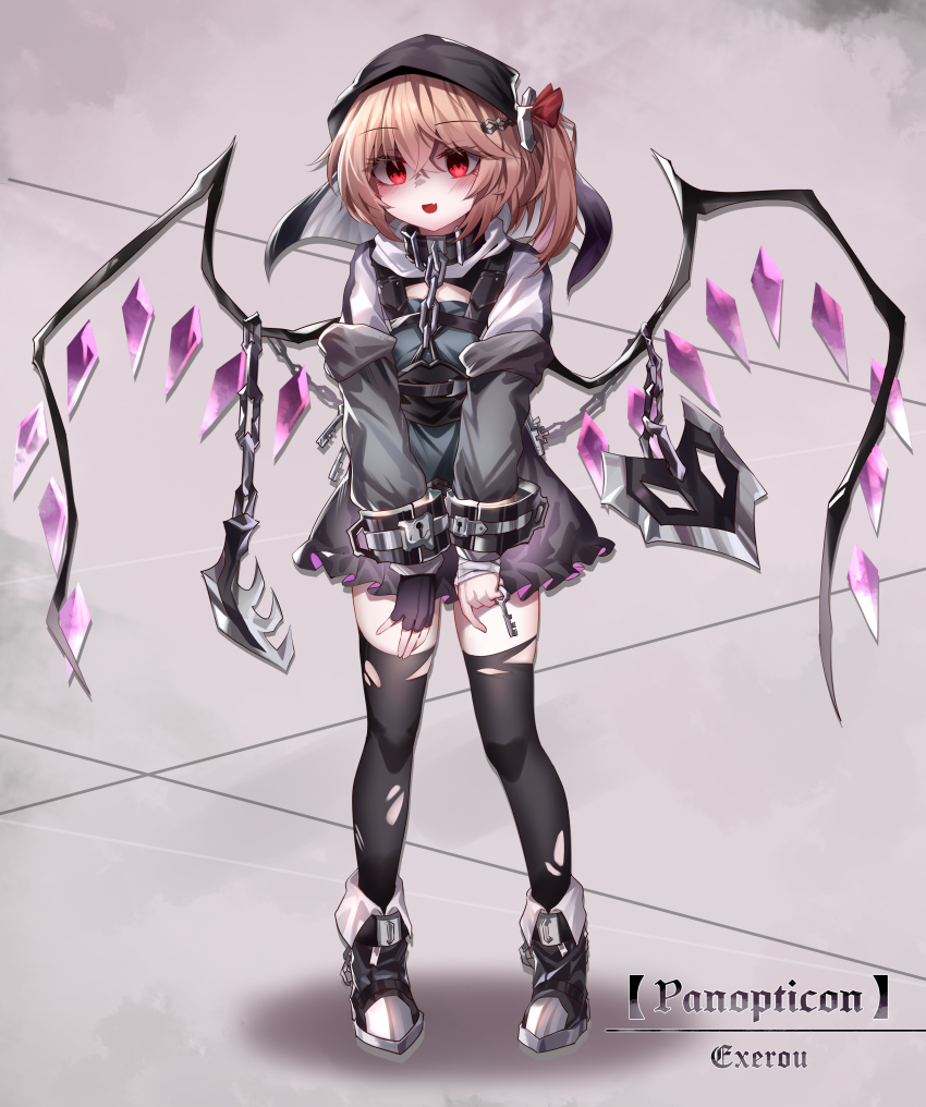 1girl absurdres alternate_costume ankle_cuffs artist_name black_collar black_dress black_gloves black_shoes black_wrist_cuffs blackletter blonde_hair blush chain chain_leash chinese_commentary collar commentary_request crossed_bangs crystal_wings dress english_text fang fingerless_gloves flandre_scarlet frilled_dress frills full_body gloves goth_fashion grey_background grey_dress hair_between_eyes hat highres holding holding_key holding_weapon key laevatein_(touhou) leash lock long_hair long_sleeves looking_at_viewer maimai_(game) metal_wrist_cuffs open_mouth puffy_sleeves red_eyes ribbon shoes side_ponytail simple_background single_glove skin_fang smile solo thighhighs thighs top-exerou torn_clothes torn_thighhighs touhou two-tone_dress weapon wing_hold wings wrist_cuffs zettai_ryouiki