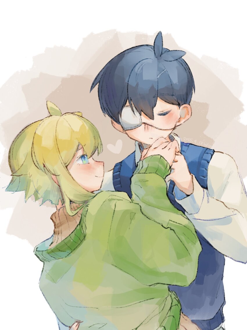 2boys alternate_sleeve_length antenna_hair basil_(faraway)_(omori) basil_(omori) black_hair black_sweater_vest blonde_hair blue_eyes blush closed_eyes closed_mouth collared_shirt eyepatch green_sweater highres long_sleeves looking_at_another male_focus multiple_boys o51515o omori shirt short_hair smile spoilers sunny_(omori) sweater sweater_vest white_shirt