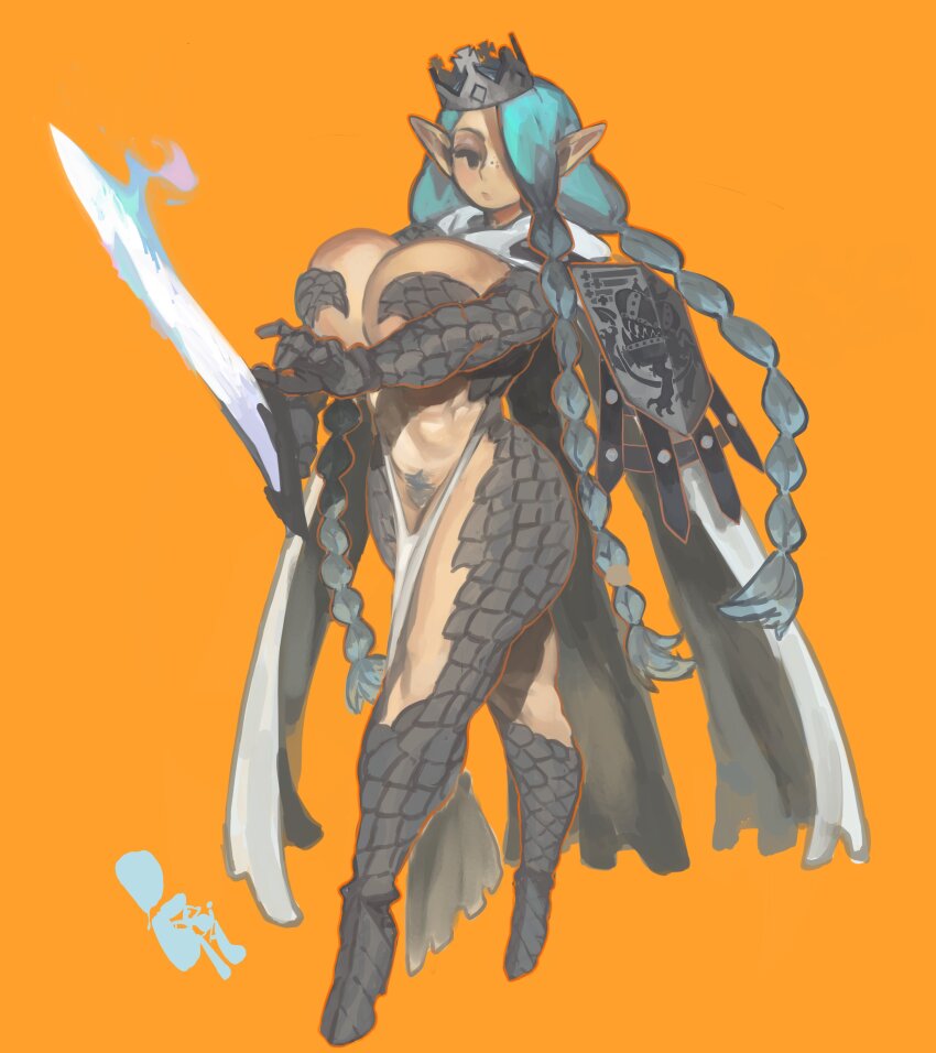 1girl absurdres arm_shield armor blue_hair braid breasts cape cleavage colored_pubic_hair crown female_pubic_hair friction_(keziedra) full_body gloves hair_over_one_eye half-closed_eyes high_heels highres holding holding_sword holding_weapon huge_breasts keziedra long_hair long_pointy_ears looking_at_viewer multiple_braids no_sclera orange_background orange_outline original outline pointy_ears pubic_hair scale_armor scales shield simple_background solo standing sword tri_braids very_long_hair weapon white_cape