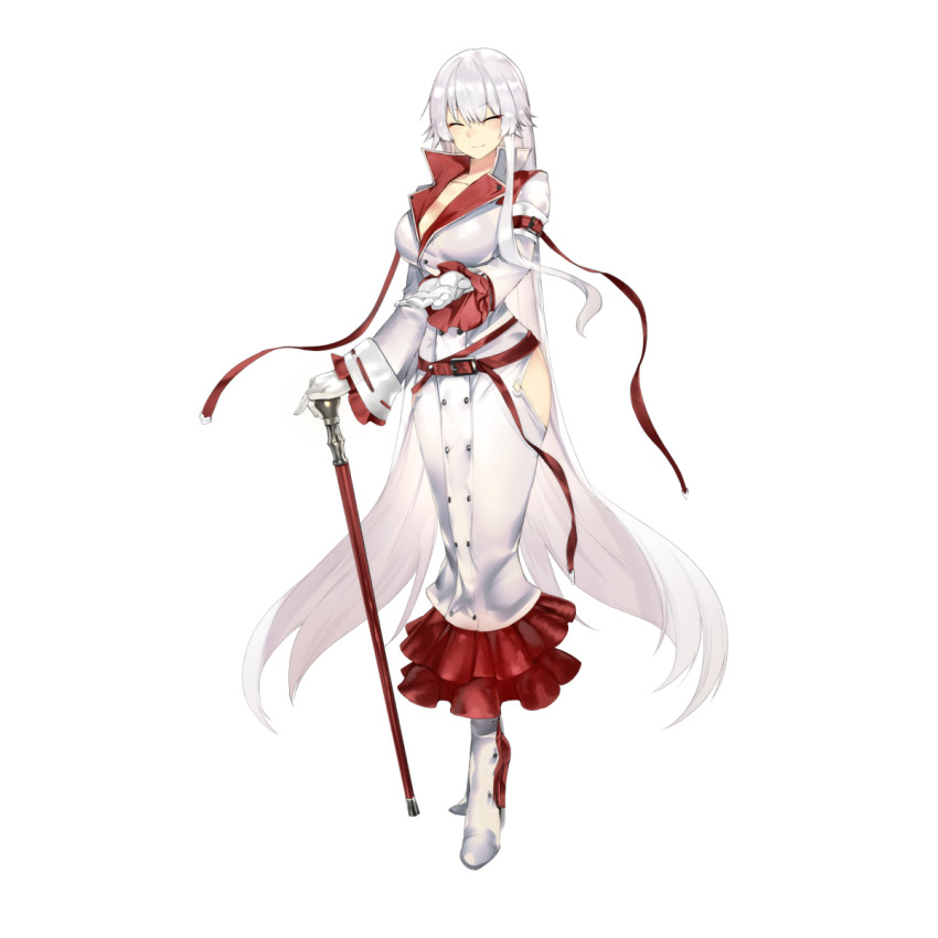 1girl absurdly_long_hair artist_request asymmetrical_hair belt belt_buckle blush boots breasts buckle buttons cane cleavage closed_eyes clothing_cutout coat collarbone collared_coat double-breasted dress final_gear frilled_dress frilled_sleeves frills full_body gloves hair_between_eyes high_heel_boots high_heels highres holding holding_cane large_breasts long_hair long_sleeves multicolored_boots official_art outstretched_arm outstretched_hand parted_lips patricia_(final_gear) plain_epaulettes red_belt red_dress red_sleeves ribbon-trimmed_sleeve_cuffs simple_background single_sidelock sleeve_belt sleeve_cuffs sleeves_past_wrists smile solo straight_hair tachi-e thigh_cutout third-party_source transparent_background two-sided_coat two-sided_collar two-sided_fabric two-tone_boots very_long_hair white_boots white_coat white_gloves white_hair white_sleeve_cuffs white_sleeves