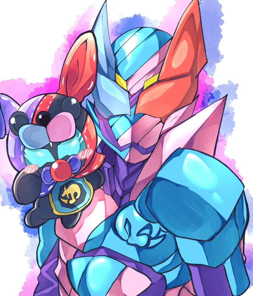 2boys animal_hood armor black_armor blue_armor blue_eyes blue_gloves bodysuit boxing_gloves compound_eyes extra_eyes fighting_stance gloves heterochromia highres hood kamen_rider kamen_rider_revi kamen_rider_revice kamen_rider_vice kangaroo kangaroo_genome male_focus multiple_boys ohd6_d pink_armor pink_gloves pouch red_eyes rider_belt scarf sharp_teeth tail teeth tokusatsu yellow_eyes