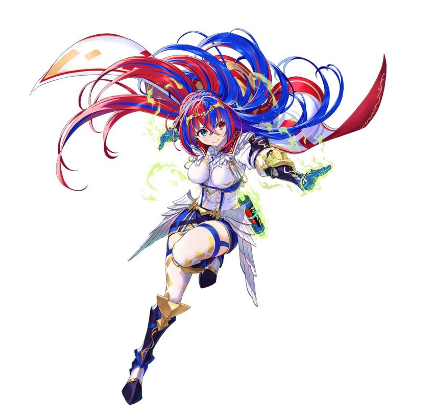 1girl armor blue_eyes blue_hair braid breasts crossed_bangs crown_braid female_alear_(awoken_divinity)_(fire_emblem) female_alear_(fire_emblem) fire_emblem fire_emblem_engage fire_emblem_heroes full_body gloves heterochromia jewelry kousei_horiguchi long_hair looking_at_viewer medium_breasts multicolored_hair nintendo official_art red_eyes smile solo split-color_hair tiara two-tone_hair very_long_hair