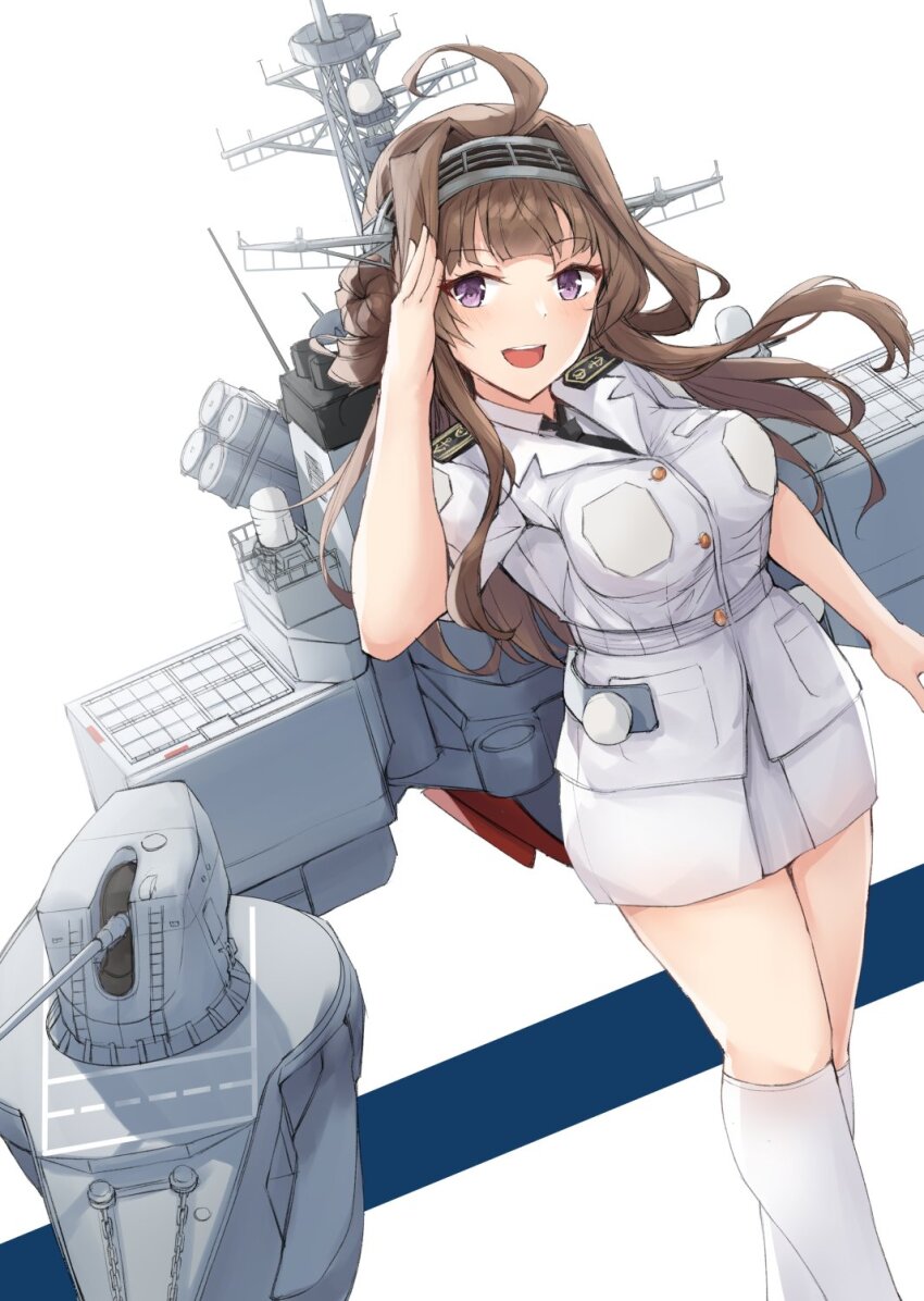 1girl ahoge black_necktie brown_hair double_bun grey_hairband hair_bun hairband headgear highres jacket k_jie kantai_collection kneehighs kongou_(kancolle) long_hair machinery military_jacket military_uniform naval_uniform naval_working_uniform necktie open_mouth pencil_skirt purple_eyes salute skirt socks solo two-tone_background white_background white_jacket white_skirt white_socks
