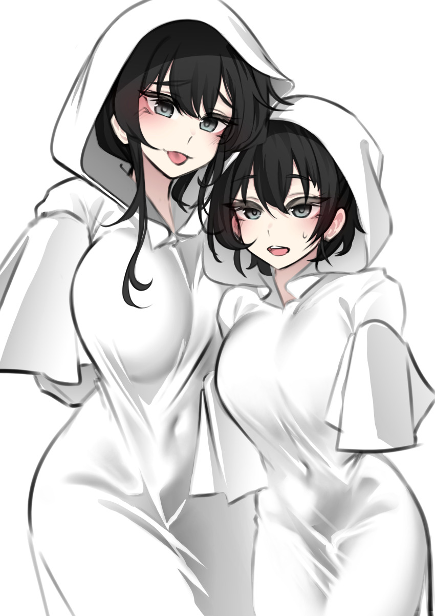2girls :p absurdres black_hair blush breasts character_request commentary covered_navel cowboy_shot english_commentary grey_eyes highres hood hood_up k0ng large_breasts long_hair long_sleeves multiple_girls namul_(k0ng) onesie original paid_reward_available pajamas short_hair sidelocks simple_background sleeves_past_fingers sleeves_past_wrists sweat teeth tongue tongue_out upper_teeth_only white_background white_pajamas