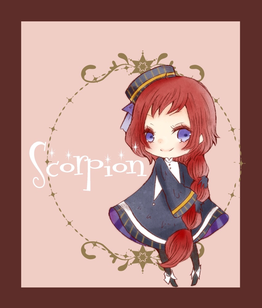 1girl black_footwear black_gloves black_pantyhose blue_dress blue_hat border cerika dot_nose dress eyelashes full_body gloves hat highres long_braid long_hair long_sleeves original pantyhose purple_eyes red_border red_hair scorpio_(zodiac) smile solo zodiac