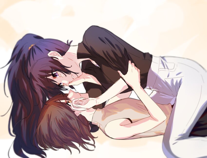 2girls asahina_mafuyu black_shirt black_skirt blush brown_eyes brown_hair commentary_request eye_contact grey_shirt hand_on_another&#039;s_face highres long_hair long_sleeves looking_at_another multiple_girls niigouki pants parted_lips ponytail project_sekai purple_eyes purple_hair shinonome_ena shirt skirt sleeveless sleeveless_shirt smile straddling white_pants yellow_background yuri