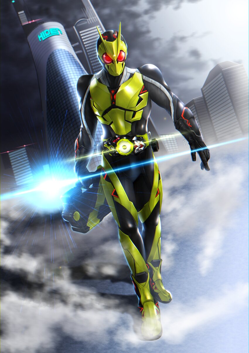 1boy absurdres attache_calibur belt black_gloves body_armor briefcase city cityscape commentary company_name rider_belt gloves highres kamen_rider kamen_rider_01_(series) kamen_rider_zero-one lens_flare male_focus rider_belt ryukawa shadow simple_background sketch solo thighs tokusatsu white_background zero_one_driver