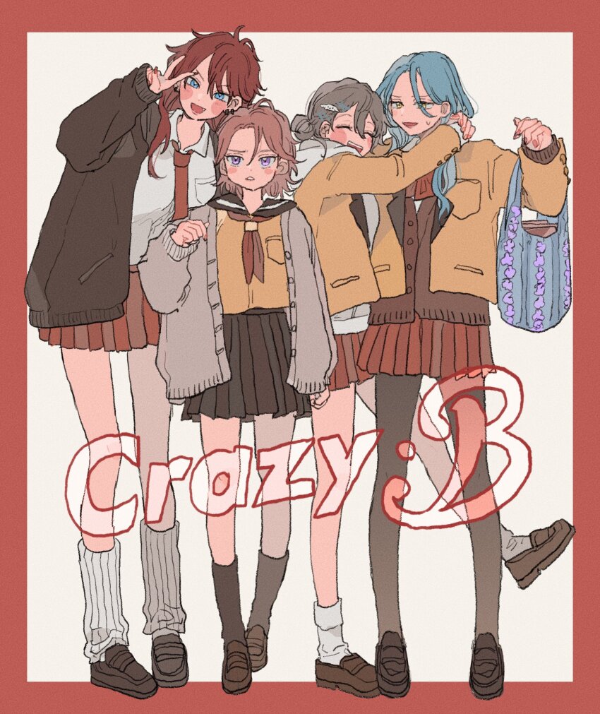 4girls amagi_rinne black_leggings blazer blue_eyes blue_hair blush border brown_cardigan brown_skirt cardigan closed_eyes crazy_b_(ensemble_stars!) dppy_tmg ensemble_stars! full_body genderswap genderswap_(mtf) grey_background grey_hair highres himeru_(ensemble_stars!) jacket leggings multiple_girls oukawa_kohaku pink_hair purple_eyes red_border red_hair red_skirt shiina_niki skirt yellow_eyes yellow_jacket