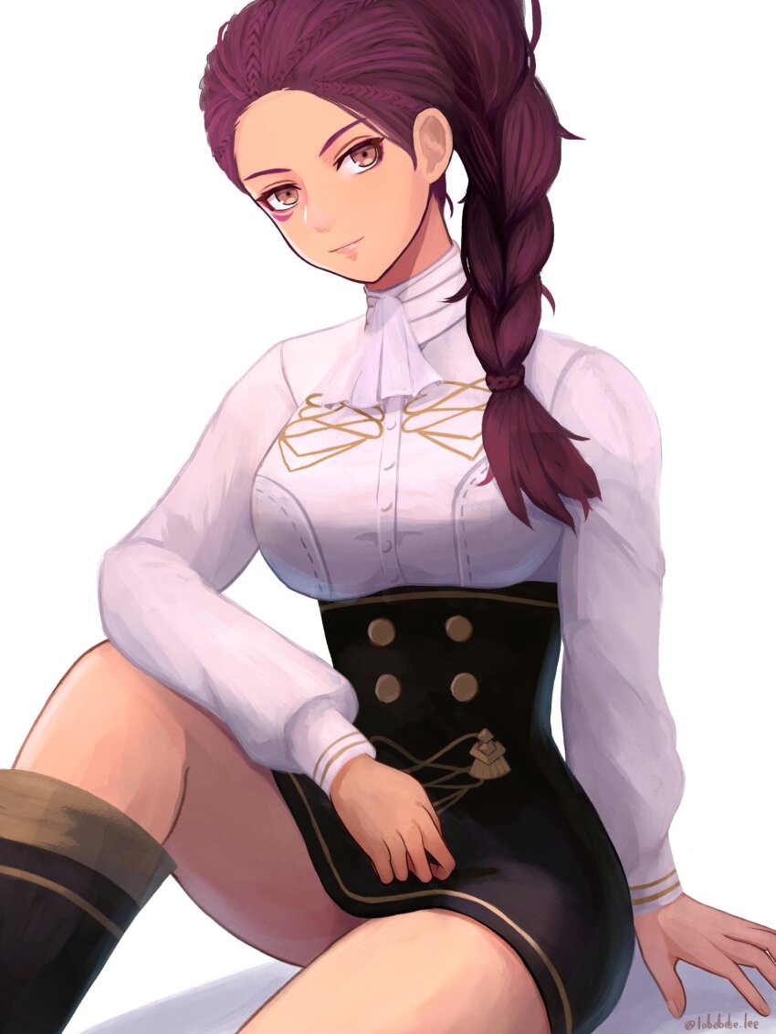 1girl ascot black_skirt braid breasts brown_eyes buttons closed_mouth commentary dark-skinned_female dark_skin facial_mark fire_emblem fire_emblem:_three_houses garreg_mach_monastery_uniform high-waist_skirt highres labebebe_lee large_breasts long_hair long_sleeves looking_at_viewer nintendo petra_macneary purple_hair shirt simple_background sitting skirt smile solo thighs twitter_username white_ascot white_background white_shirt