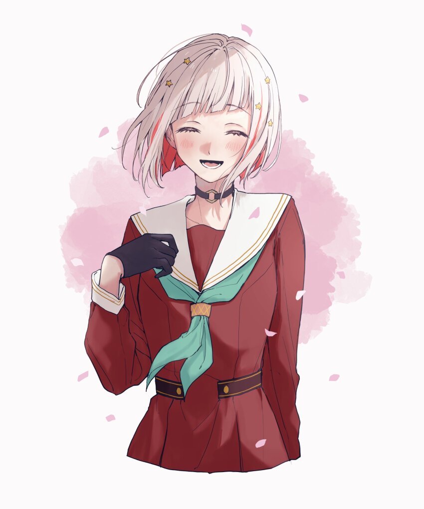1girl :d ^_^ aqua_neckerchief azuma_(no488888) black_choker black_gloves blush bob_cut breasts brown_dress choker closed_eyes colored_inner_hair commentary_request cropped_torso diagonal_bangs dress facing_viewer falling_petals gloves hair_ornament half_gloves hasu_no_sora_school_uniform hexagon highres inverted_bob link!_like!_love_live! long_sleeves love_live! lower_teeth_only medium_breasts multicolored_hair neckerchief o-ring o-ring_choker open_mouth petals pink_background pink_petals pleated_dress red_hair sailor_collar sailor_dress school_uniform short_hair smile solo star_(symbol) star_hair_ornament streaked_hair teeth virtual_youtuber white_hair white_sailor_collar winter_uniform yugiri_tsuzuri