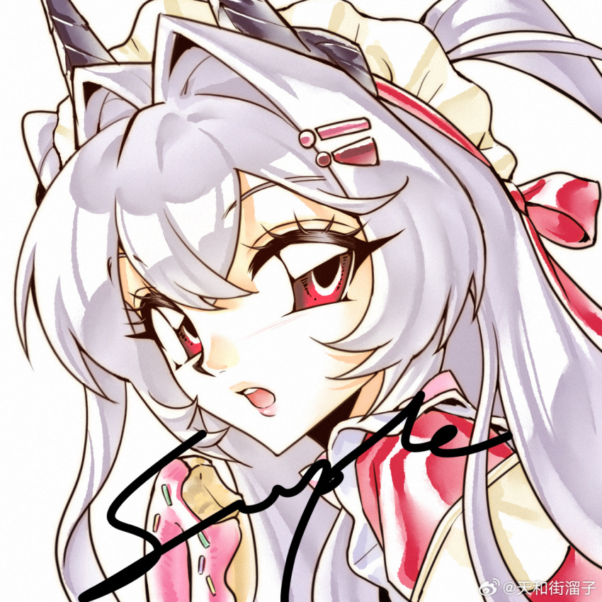 15_acheng 1990s_(style) 1girl donut food long_hair maid_headdress open_mouth original red_eyes retro_artstyle white_background white_hair