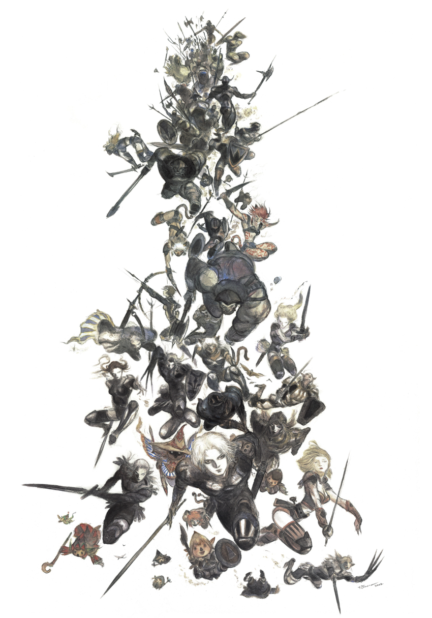 2002 6+boys 6+girls :d adventurer_(ff11) amano_yoshitaka animal_ears arrow_(projectile) axe bird blonde_hair bodypaint bow_(weapon) breasts cat_ears cat_girl cat_tail chocobo cleavage commentary elf elvaan final_fantasy final_fantasy_xi galka hat helmet highres holding holding_axe holding_bow_(weapon) holding_shield holding_staff holding_sword holding_weapon hume medium_breasts mithra_(ff11) multiple_boys multiple_girls official_art open_mouth pointy_ears prototype_design red_hair riding riding_bird second-party_source shield short_hair signature simple_background smile staff sword tail tarutaru weapon white_background white_hair witch_hat