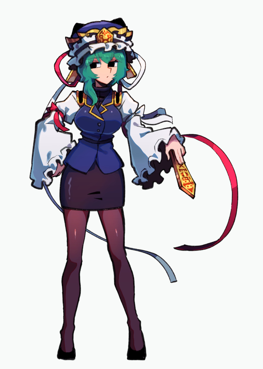 1girl black_eyes black_pantyhose black_shoes black_skirt blue_hat blue_vest breasts closed_mouth frilled_hat frills full_body green_hair hair_between_eyes hat high_heels highres iganashi1 juliet_sleeves large_breasts long_sleeves miniskirt pantyhose pencil_skirt puffy_sleeves rod_of_remorse shiki_eiki shirt shoes short_hair skirt solo touhou vest white_background white_shirt