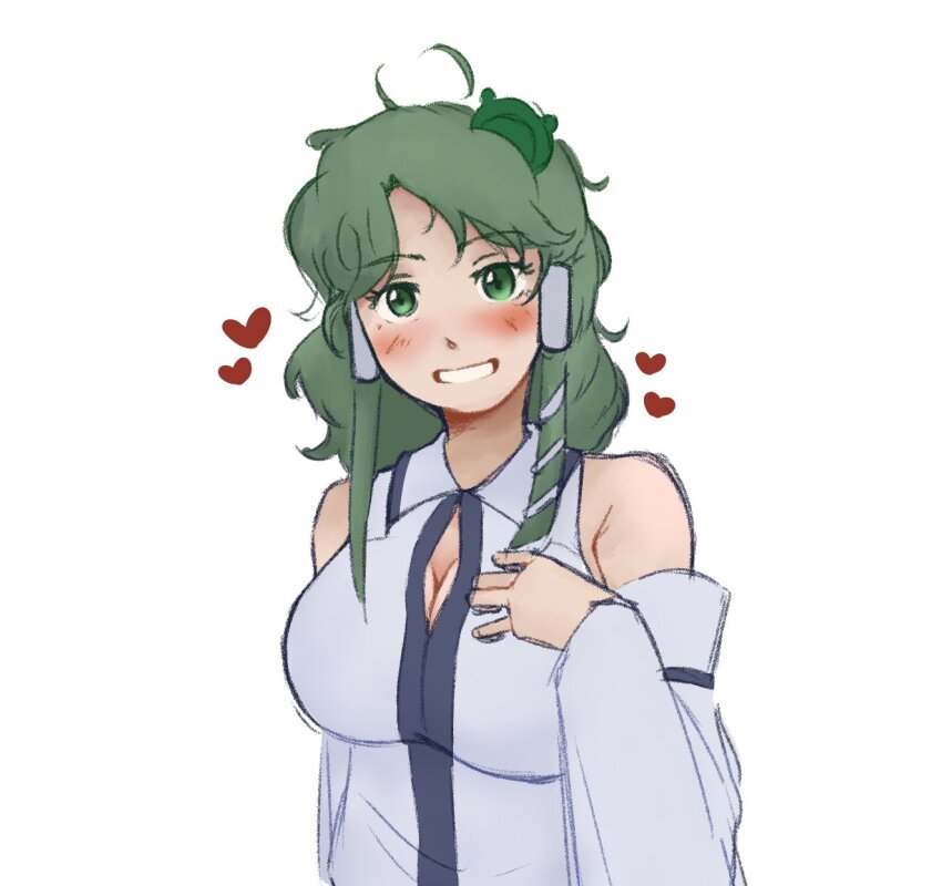 1girl ahoge bare_shoulders blush breasts cleavage commentary cyanidegray detached_sleeves english_commentary frog_hair_ornament green_hair hair_ornament hair_tubes heart highres kochiya_sanae long_hair looking_at_viewer shirt sidelocks simple_background sleeveless sleeveless_shirt smile solo touhou white_background white_shirt