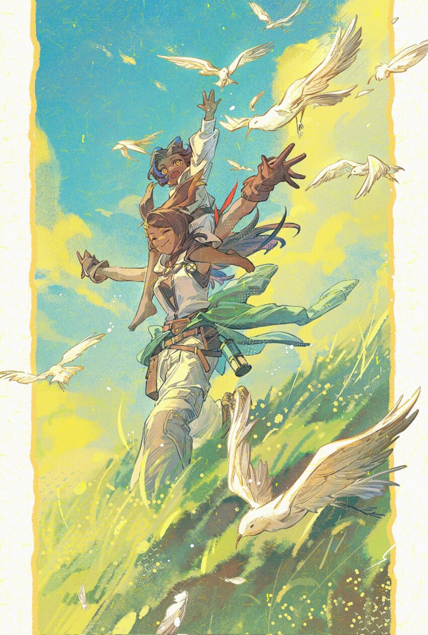 1boy 1girl ^_^ aged_down animal_ears arm_up belt_pouch bird black_hair blue_sky brown_gloves cahciua carrying child closed_eyes cloud cloudy_sky crow0cc day erenville field final_fantasy final_fantasy_xiv full_body gloves grass happy highres mole mole_under_mouth mother_and_son open_mouth outdoors outside_border outstretched_arm outstretched_arms pants pillarboxed pouch rabbit_ears shoulder_carry sky smile spread_arms viera white_pants yellow_clouds yellow_eyes