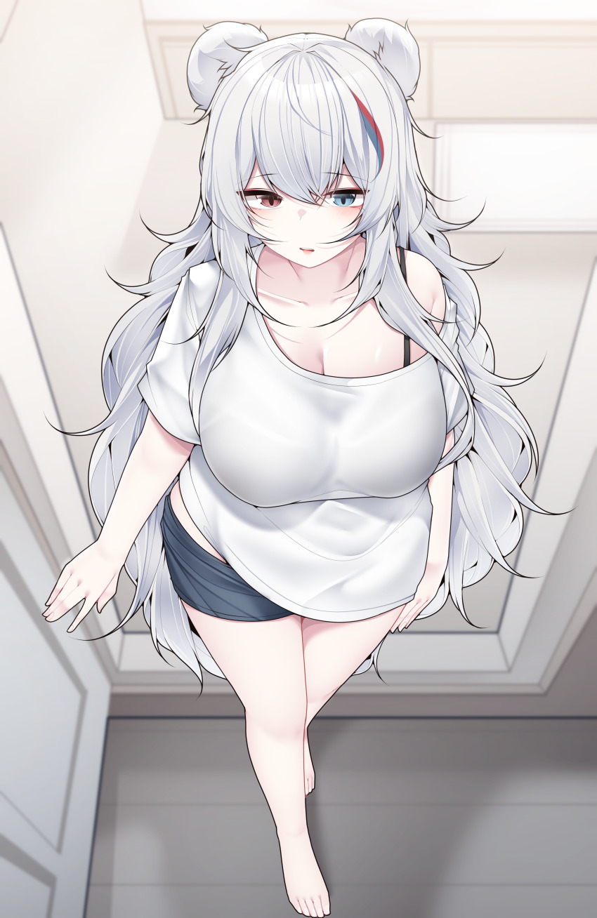 1girl absurdres animal_ears arknights bare_shoulders barefoot blue_eyes blue_hair breasts cleavage collarbone commentary dated_commentary from_above full_body hair_between_eyes heterochromia highres large_breasts long_hair looking_at_viewer messy_hair multicolored_hair off_shoulder parted_lips red_eyes red_hair rosa_(arknights) samip shirt short_sleeves solo standing streaked_hair t-shirt very_long_hair white_hair white_shirt