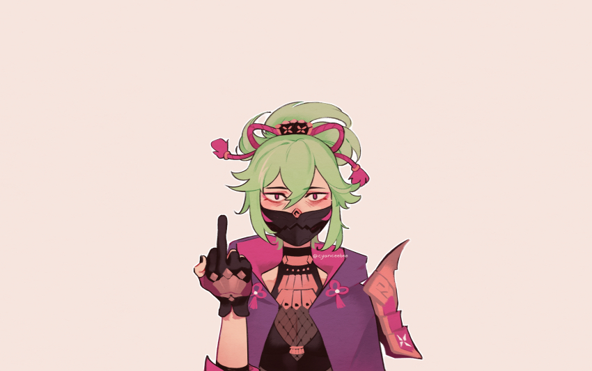 1girl bags_under_eyes breasts cleavage commentary cyber_(cyanceebee) empty_eyes english_commentary fishnet_top fishnets genshin_impact gloves green_hair hair_ornament halterneck highres hood hoodie kuki_shinobu middle_finger see-through_cleavage see-through_clothes single_shoulder_pad