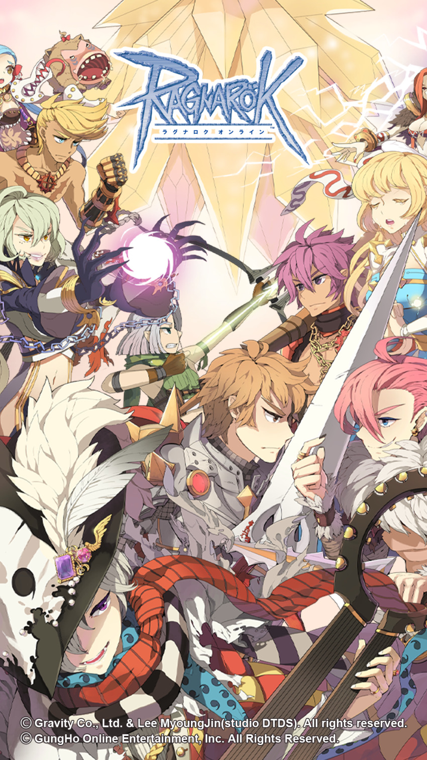 4girls 6+boys ahoge amistr_(ragnarok_online) arch_bishop_(ragnarok_online) argyle_clothes argyle_coat argyle_dress armor arrow_(projectile) bikini bikini_top_only black_eyes black_gloves black_hat black_nails black_scarf blonde_hair blue_dress blue_eyes blue_hair blue_scarf bow_(weapon) breastplate breasts brown_bikini brown_eyes brown_hair camouflage_scarf chainmail clenched_hands closed_mouth coat copyright_notice crop_top cross cross_necklace cross_of_prontera crystal double_neck_guitar drawing_bow dress emperium energy_ball fingernails frown fur_collar gauntlets gem genetic_(ragnarok_online) gloves green_hair green_scarf green_shirt grey_coat grey_hair grin guitar hat highres holding holding_bow_(weapon) holding_instrument holding_weapon instrument jewelry large_breasts logo long_hair looking_at_another looking_to_the_side magic mechanic_(ragnarok_online) medium_breasts midriff minstrel_(ragnarok_online) multiple_boys multiple_girls navel necklace official_art official_wallpaper open_clothes open_coat open_mouth orange_hair pauldrons pink_hair plume pointy_ears purple_eyes purple_gemstone purple_hair ragnarok_online ranger_(ragnarok_online) red_armor red_coat red_scarf rune_knight_(ragnarok_online) scarf shadow_chaser_(ragnarok_online) shirt short_hair shoulder_armor shrug_(clothing) sleeveless sleeveless_shirt smile sorcerer_(ragnarok_online) spiked_pauldrons striped_clothes striped_scarf sura_(ragnarok_online) suspenders swimsuit taruk teeth topless_male two-tone_dress upper_body warlock_(ragnarok_online) weapon white_dress white_scarf white_shirt yellow_eyes