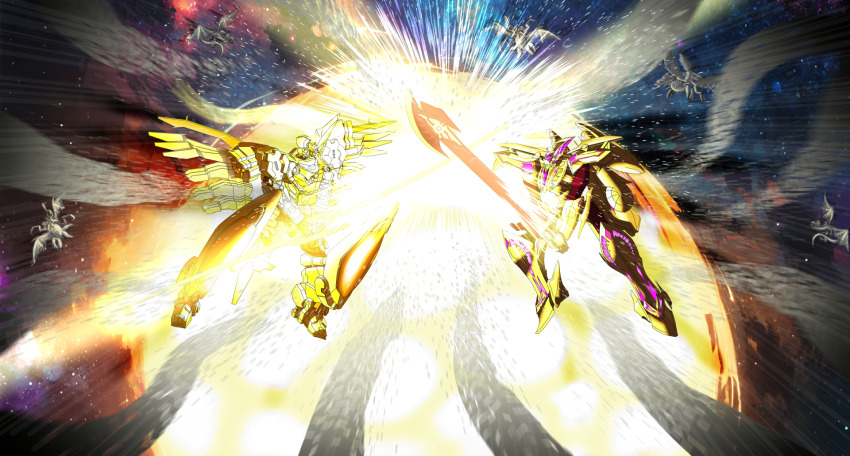 aquarion_(series) aquarion_logos battle crossover demonbane demonbane_(mecha) fighting highres holding holding_weapon mecha multiple_crossover no_humans robot science_fiction solar_aquarion super_robot super_robot_wars sword type_x weapon yog-sothoth yog-sothoth_(hello_hollow_world!!)