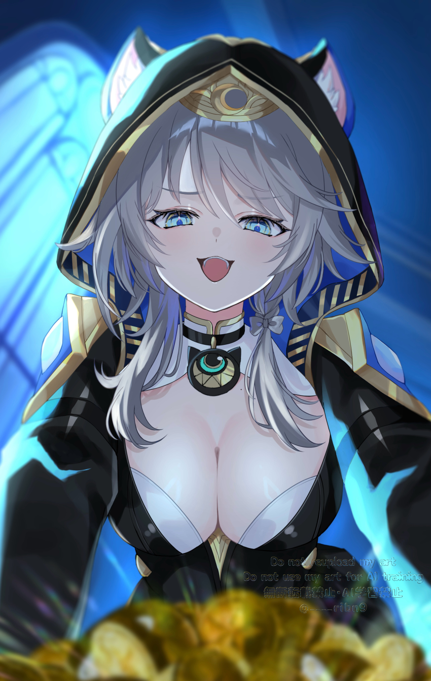 1girl absurdres animal_ear_fluff animal_ears animal_hood black_leotard blue_eyes breasts cat_ears cat_hood cipher_(honkai:_star_rail) cleavage coin commentary_request gold_coin grey_hair highres honkai:_star_rail honkai_(series) hood large_breasts leotard mole mole_on_breast open_mouth rinmel9 short_hair_with_long_locks solo treasure