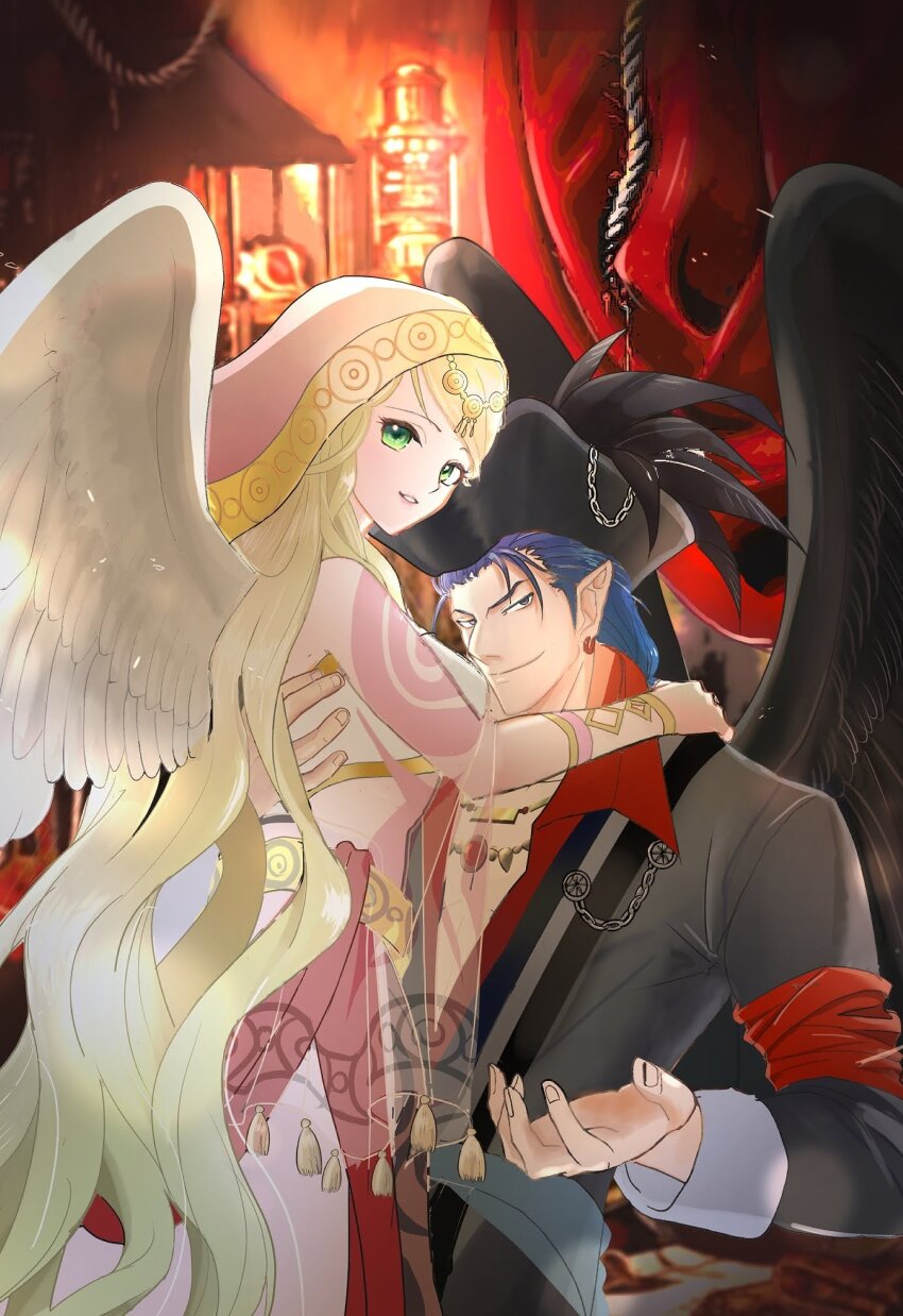 1boy 1girl alternate_costume black_wings blonde_hair blurry blurry_background closed_mouth commentary_request earrings fire_emblem fire_emblem:_radiant_dawn green_eyes grey_eyes hat highres indoors jewelry leanne_(fire_emblem) leanne_(hatari)_(fire_emblem) long_hair naesala1063 naesala_(fire_emblem) naesala_(pirate)_(fire_emblem) nintendo pirate_hat pointy_ears smile white_wings wings